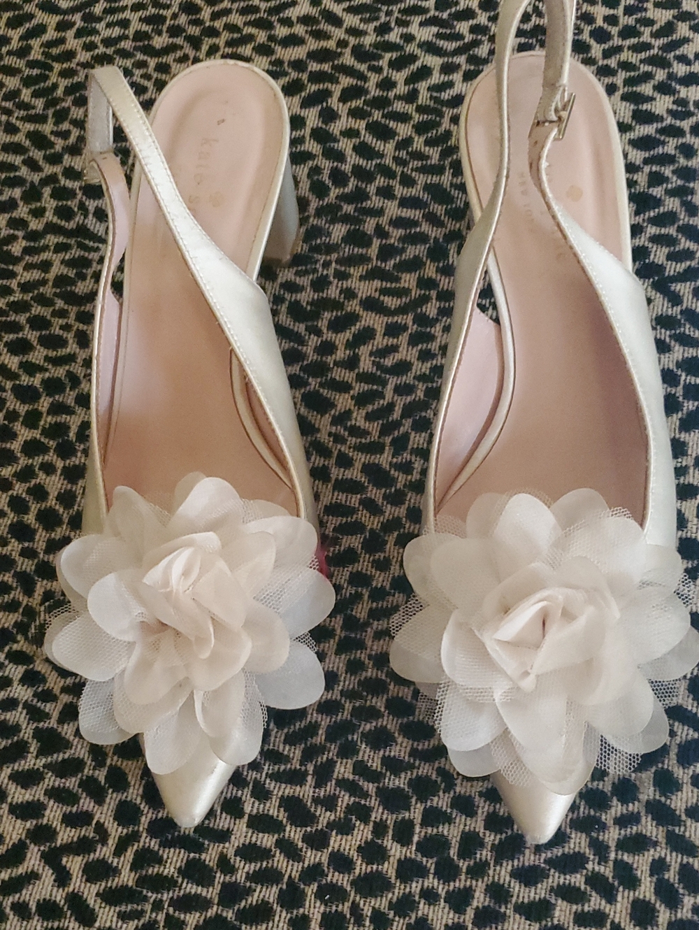 kate spade Cream Satin Slingback Mules with Floral Appliqué